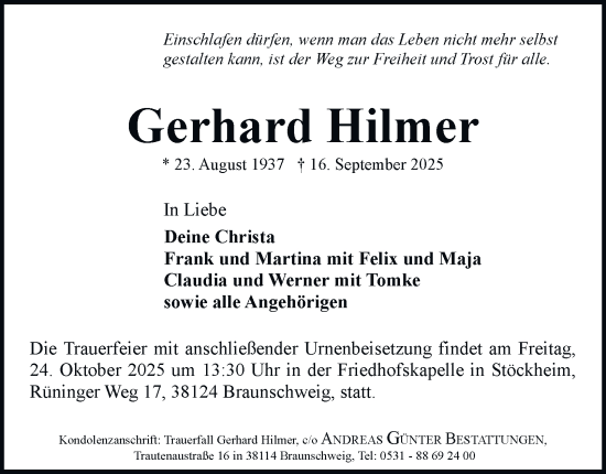 Traueranzeige von Gerhard Hilmer von Braunschweiger Zeitung