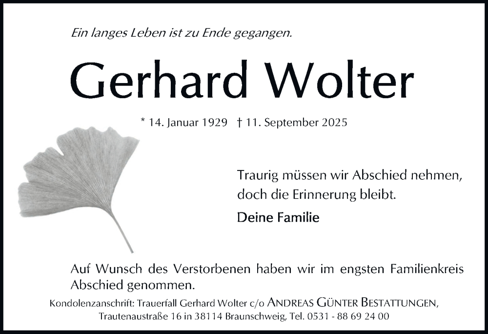 Traueranzeige für Gerhard Wolter vom 27.09.2025 aus Braunschweiger Zeitung
