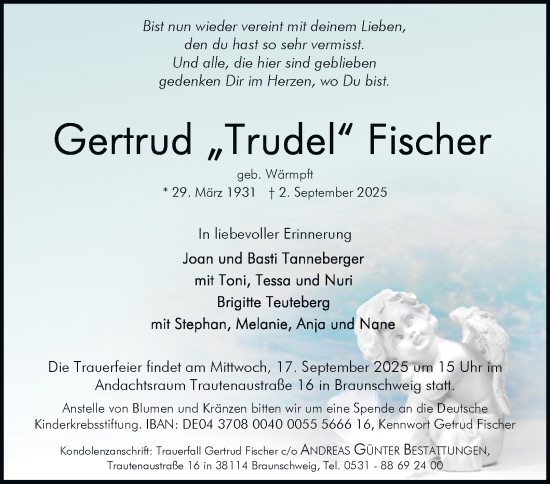 Traueranzeige von Gertrud Fischer von Braunschweiger Zeitung