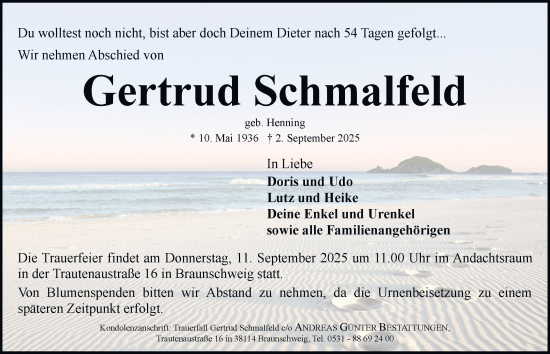 Traueranzeige von Gertrud Schmalfeld von Braunschweiger Zeitung