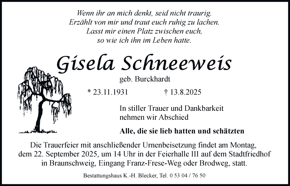  Traueranzeige für Gisela Schneeweis vom 06.09.2025 aus Braunschweiger Zeitung
