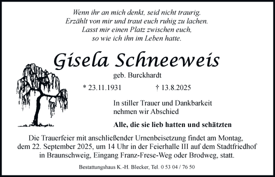 Traueranzeige von Gisela Schneeweis von Braunschweiger Zeitung