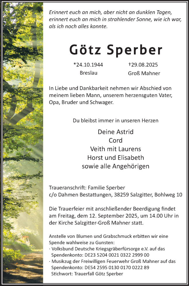  Traueranzeige für Götz Sperber vom 06.09.2025 aus Salzgitter-Zeitung
