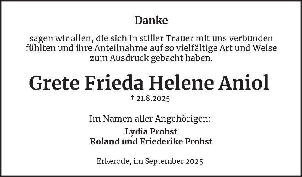  Traueranzeige für Grete Frieda Helene Aniol vom 13.09.2025 aus Braunschweiger Zeitung