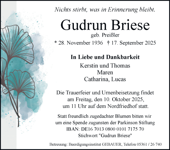 Traueranzeige von Gudrun Briese von Braunschweiger Zeitung, Wolfsburger Nachrichten