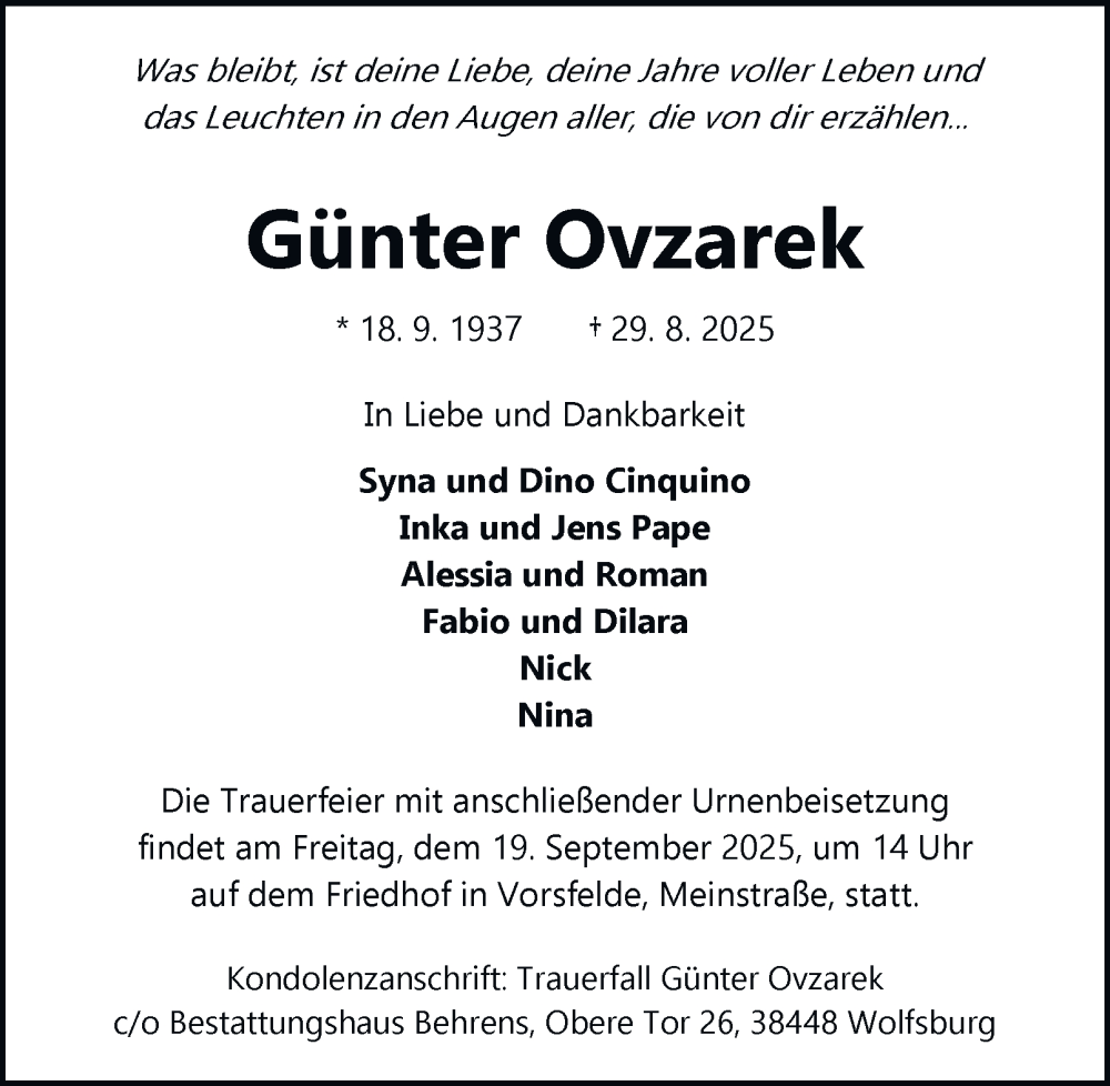  Traueranzeige für Günter Ovzarek vom 06.09.2025 aus Braunschweiger Zeitung, Wolfsburger Nachrichten