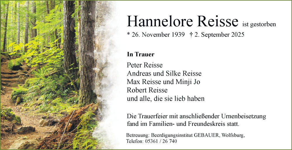  Traueranzeige für Hannelore Reisse vom 23.09.2025 aus Braunschweiger Zeitung, Wolfsburger Nachrichten