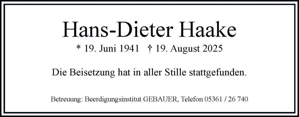  Traueranzeige für Hans-Dieter Haake vom 06.09.2025 aus Braunschweiger Zeitung, Wolfsburger Nachrichten