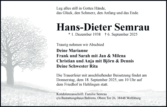 Traueranzeige von Hans-Dieter Semrau von Braunschweiger Zeitung, Wolfsburger Nachrichten