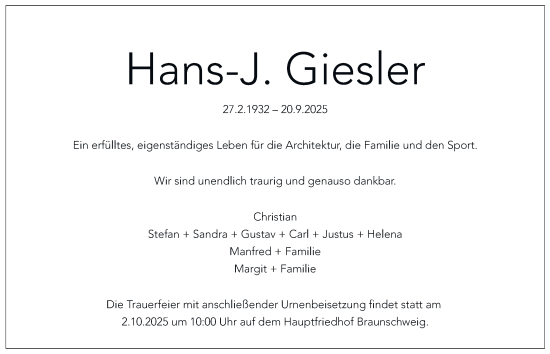 Traueranzeige von Hans-J. Giesler von Braunschweiger Zeitung