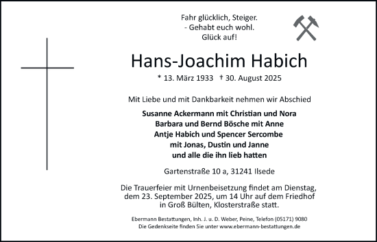 Traueranzeige von Hans-Joachim Habich von Peiner Nachrichten