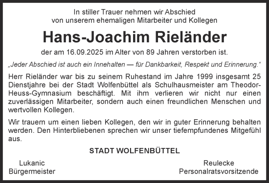 Traueranzeige von Hans-Joachim Rieländer von Wolfenbütteler Zeitung