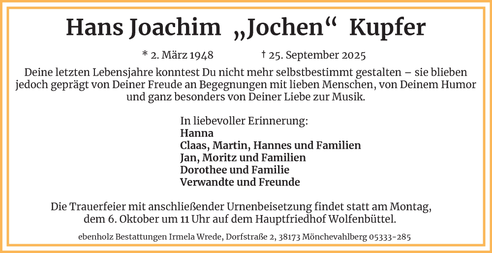  Traueranzeige für Hans Joachim Kupfer vom 27.09.2025 aus Wolfenbütteler Zeitung