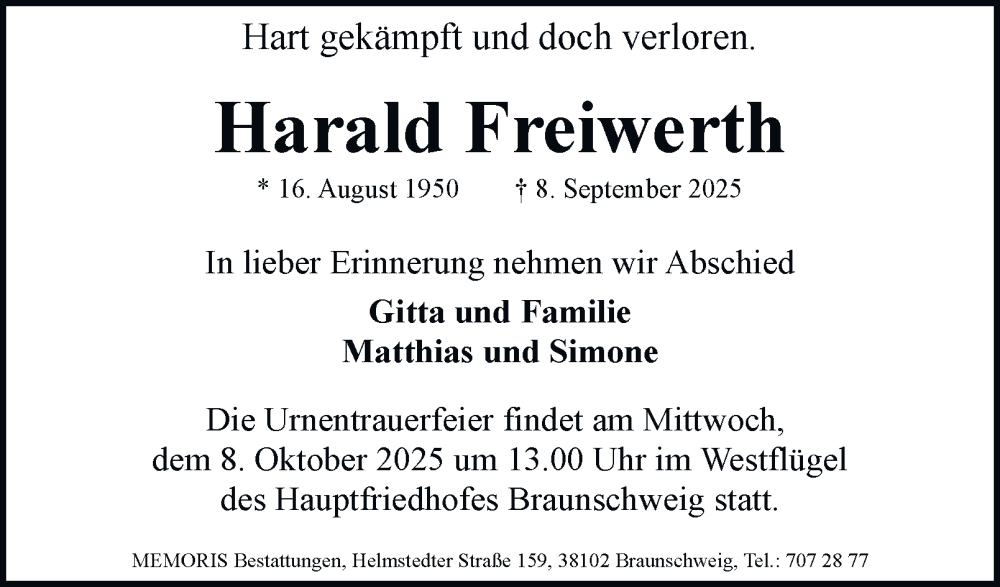  Traueranzeige für Harald Freiwerth vom 27.09.2025 aus Braunschweiger Zeitung