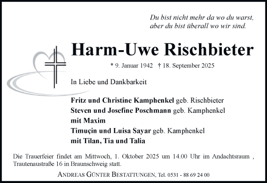Traueranzeige von Harm-Uwe Rischbieter von Braunschweiger Zeitung