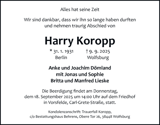 Traueranzeige von Harry Koropp von Braunschweiger Zeitung, Wolfsburger Nachrichten