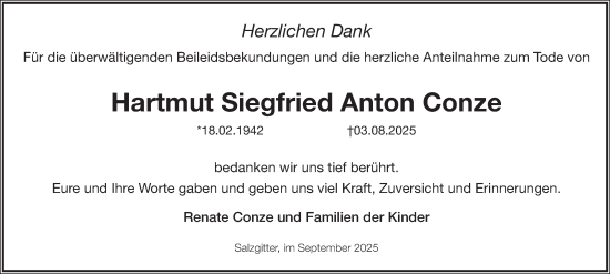Traueranzeige von Hartmut Siegfried Anton Conze von Salzgitter-Zeitung