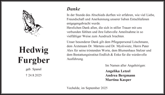 Traueranzeige von Hedwig Furgber von Peiner Nachrichten