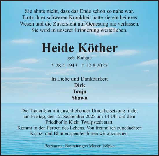Traueranzeige von Heide Köther von Braunschweiger Zeitung, Wolfsburger Nachrichten