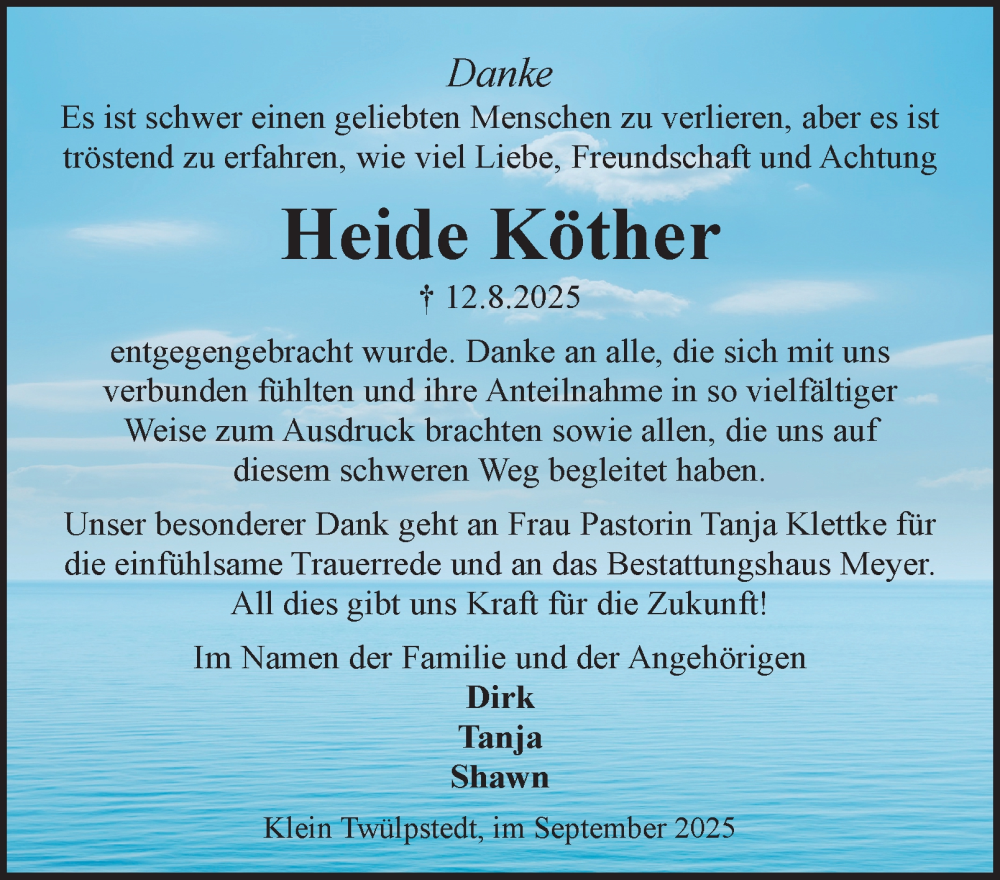  Traueranzeige für Heide Köther vom 27.09.2025 aus Braunschweiger Zeitung, Wolfsburger Nachrichten