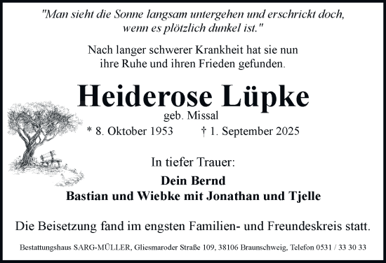 Traueranzeige von Heiderose Lüpke von Braunschweiger Zeitung