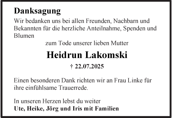 Traueranzeige von Heidrun Lakomski von Helmstedter Nachrichten