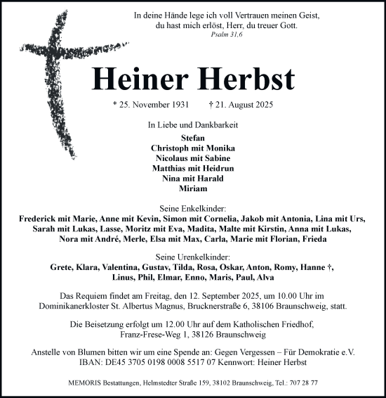 Traueranzeige von Heiner Herbst von Salzgitter-Zeitung