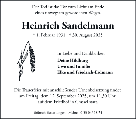 Traueranzeige von Heinrich Sandelmann von Braunschweiger Zeitung
