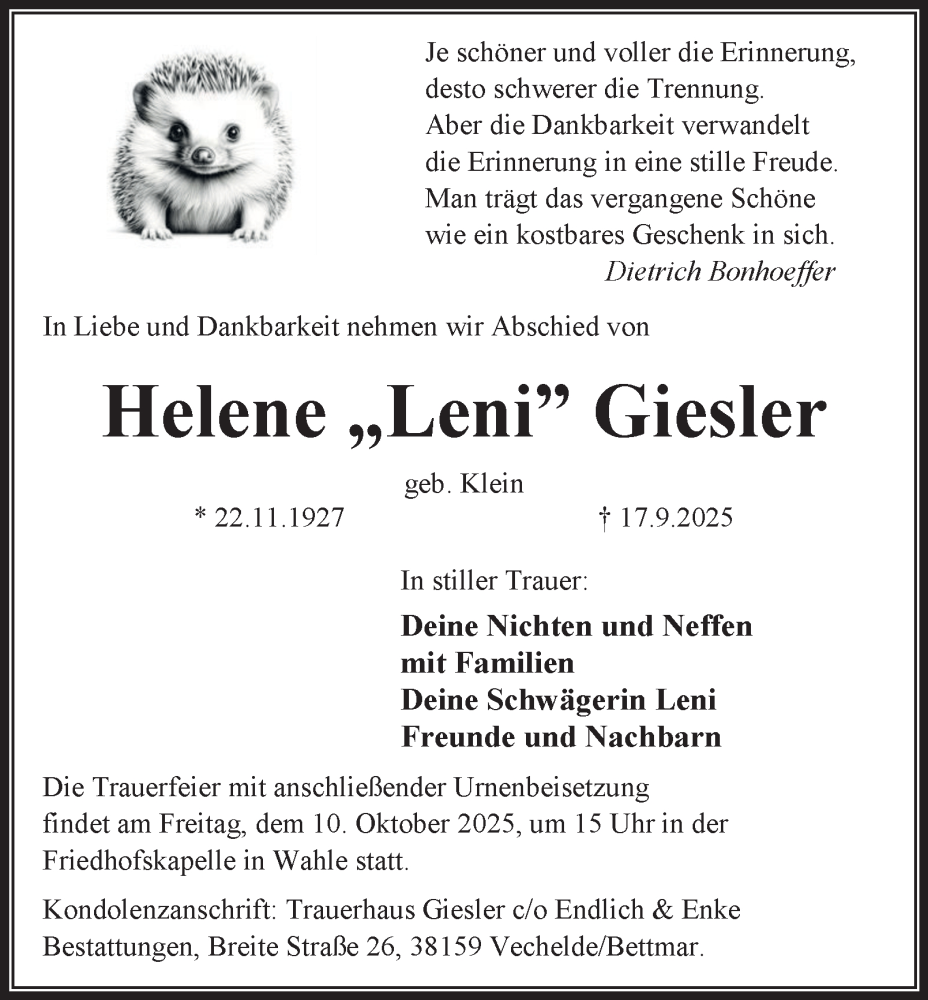  Traueranzeige für Helene Giesler vom 27.09.2025 aus Braunschweiger Zeitung