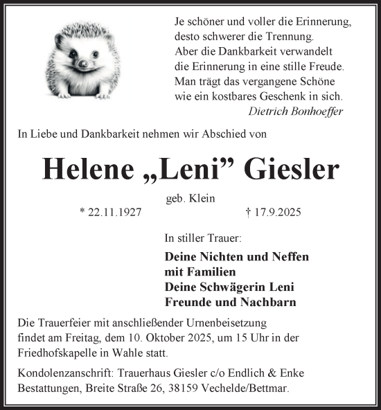 Traueranzeige von Helene Giesler von Braunschweiger Zeitung