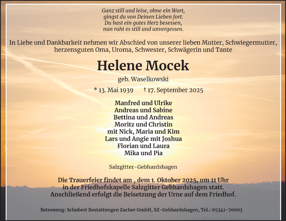  Traueranzeige für Helene Mocek vom 27.09.2025 aus Salzgitter-Zeitung