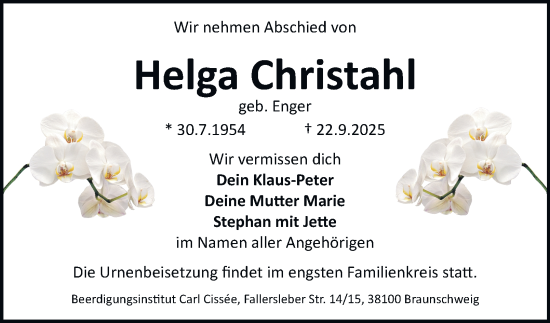 Traueranzeige von Helga Christahl von Braunschweiger Zeitung