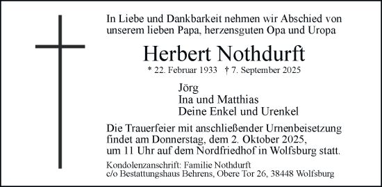 Traueranzeige von Herbert Nothdurft von Braunschweiger Zeitung, Wolfsburger Nachrichten