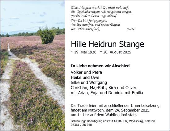 Traueranzeige von Hille Heidrun Stange von Braunschweiger Zeitung, Wolfsburger Nachrichten