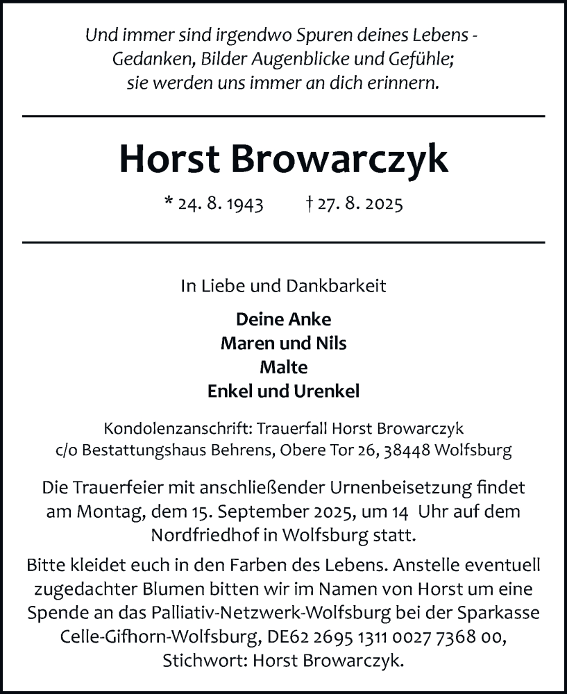  Traueranzeige für Horst Browarczyk vom 06.09.2025 aus Braunschweiger Zeitung, Wolfsburger Nachrichten