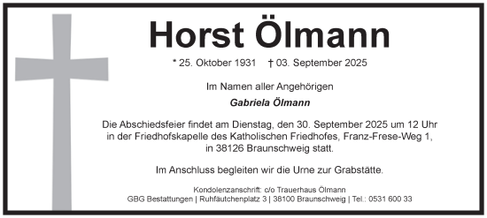 Traueranzeige von Horst Ölmann von Braunschweiger Zeitung
