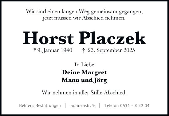 Traueranzeige von Horst Placzek von Braunschweiger Zeitung