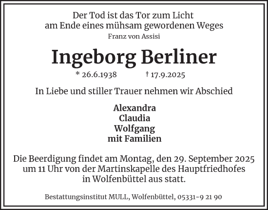 Traueranzeige von Ingeborg Berliner von Wolfenbütteler Zeitung