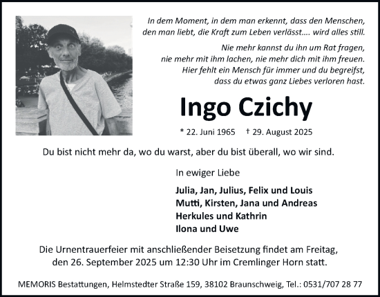 Traueranzeige von Ingo Czichy von Peiner Nachrichten