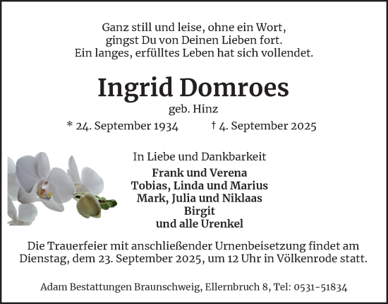 Traueranzeige von Ingrid Domroes von Braunschweiger Zeitung