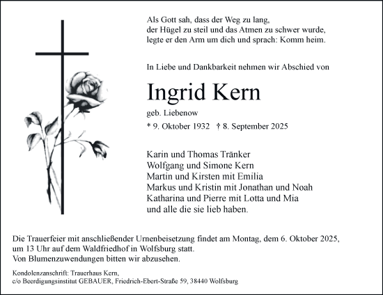Traueranzeige von Ingrid Kern von Braunschweiger Zeitung, Wolfsburger Nachrichten