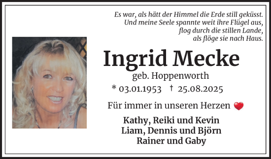 Traueranzeige von Ingrid Mecke von Peiner Nachrichten