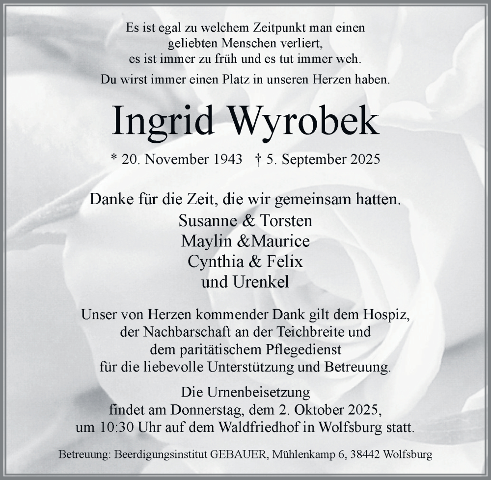  Traueranzeige für Ingrid Wyrobek vom 13.09.2025 aus Braunschweiger Zeitung, Wolfsburger Nachrichten