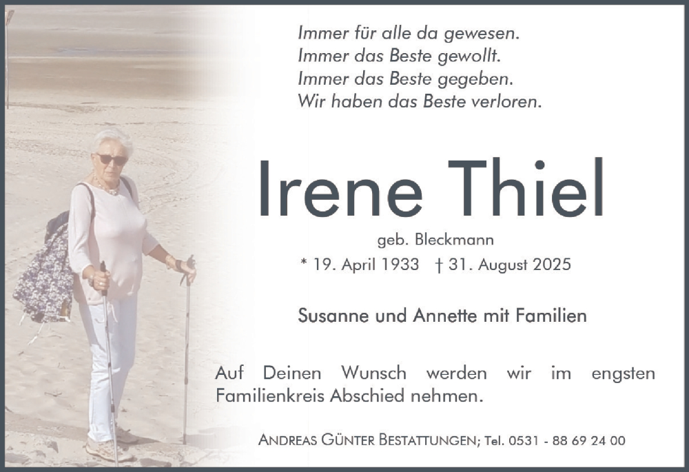  Traueranzeige für Irene Thiel vom 06.09.2025 aus Braunschweiger Zeitung