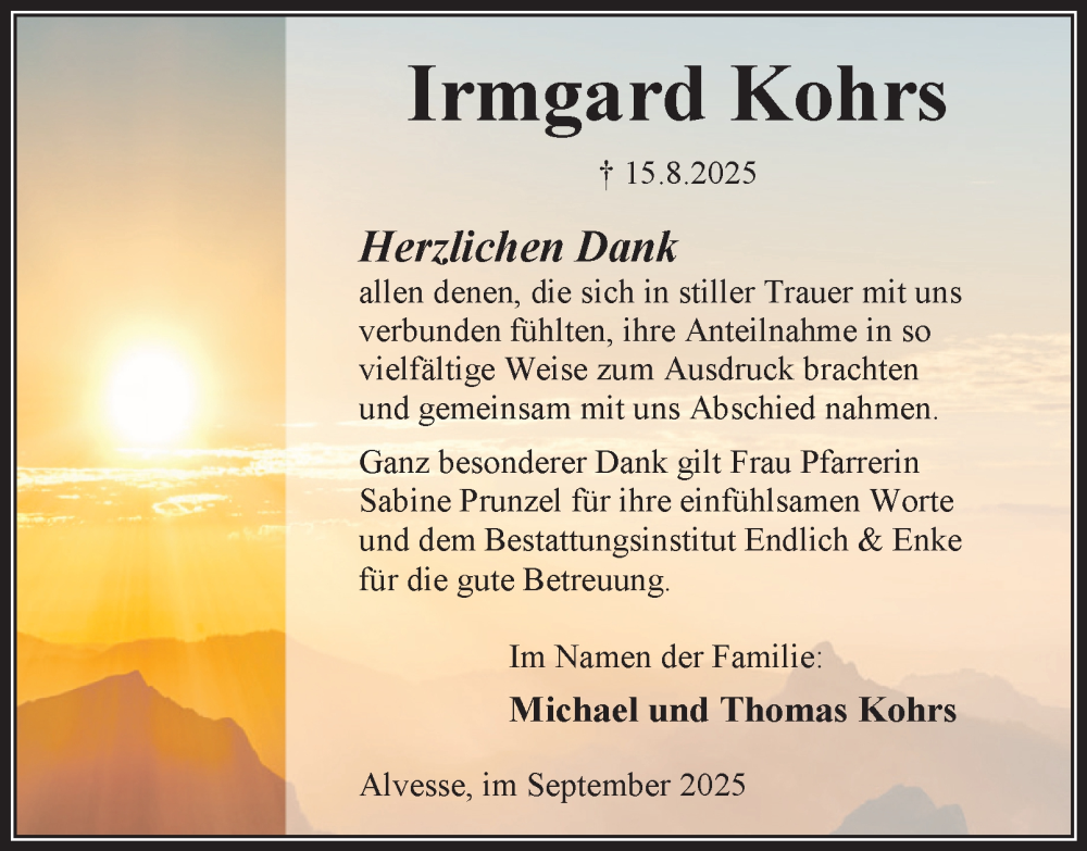  Traueranzeige für Irmgard Kohrs vom 13.09.2025 aus Peiner Nachrichten