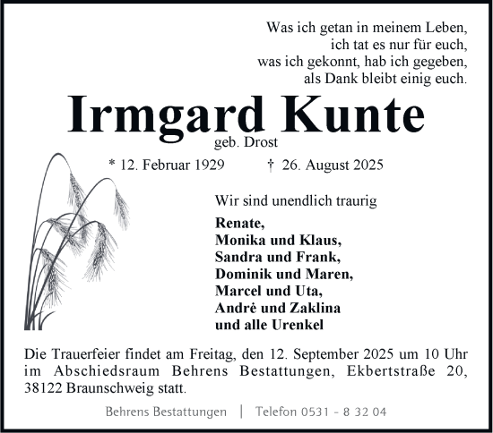 Traueranzeige von Irmgard Kunte 