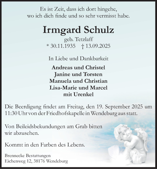 Traueranzeige von Irmgard Schulz von Peiner Nachrichten