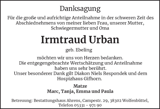 Traueranzeige von Irmtraud Urban von Braunschweiger Zeitung