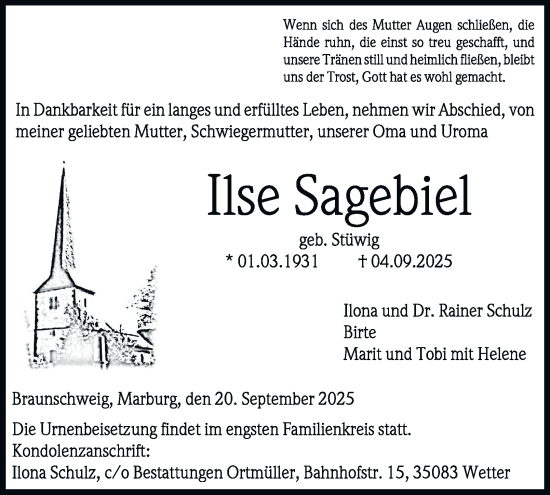Traueranzeige von Ise Sagebiel von Braunschweiger Zeitung