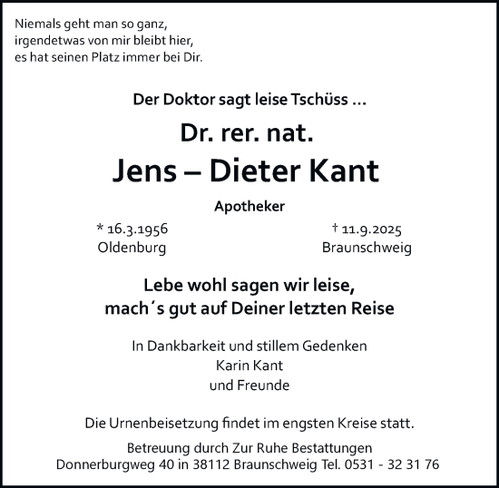 Traueranzeige von Jens-Dieter Kant von Braunschweiger Zeitung